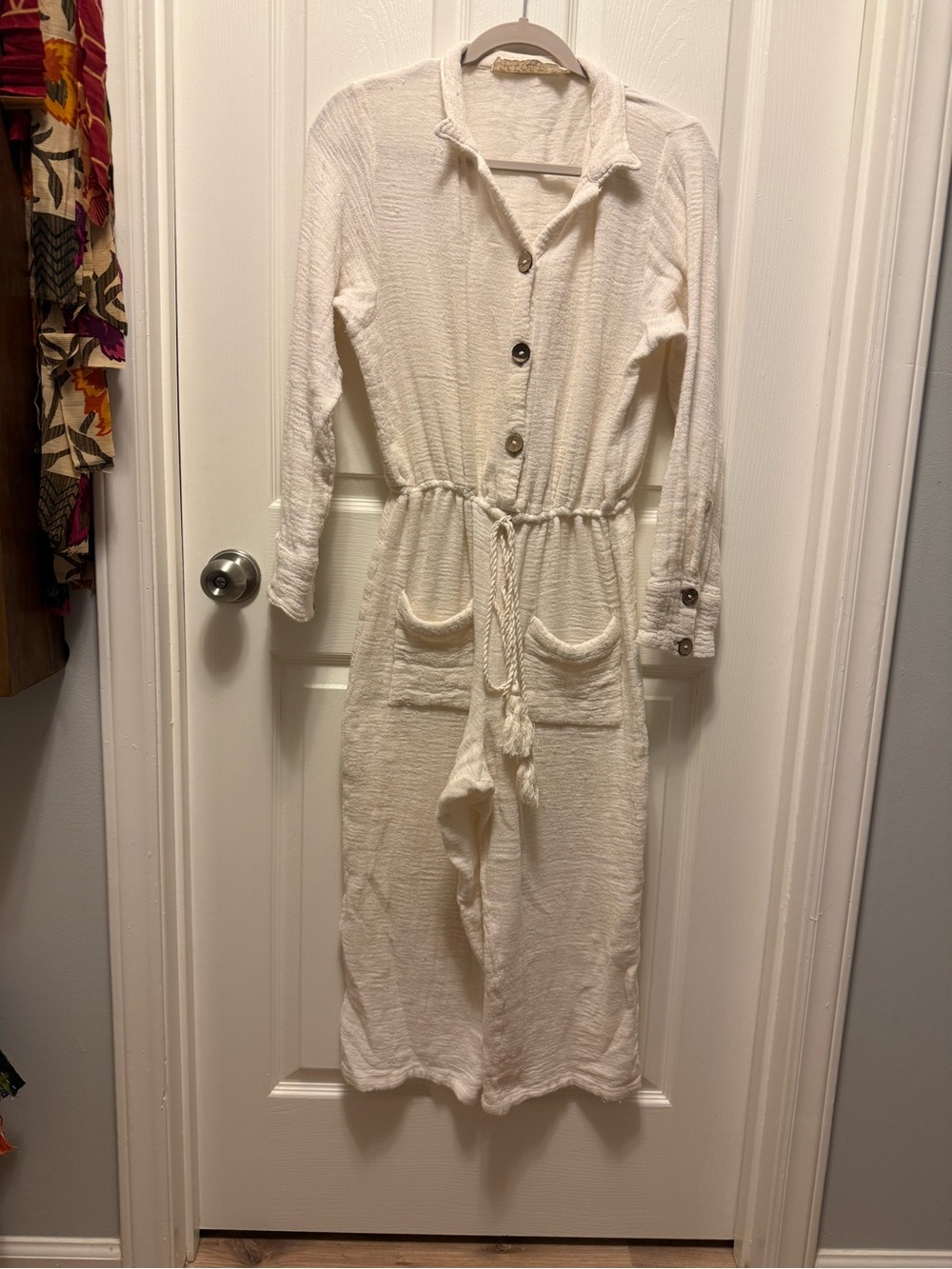 Jen's Pirate Booty Cream Button-Front Long Sleeve Drawstring Dress